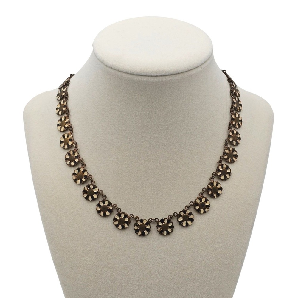 Vtg Floral Brass 15" Choker Necklace Mid Century Linked Hand Painted Czech Style